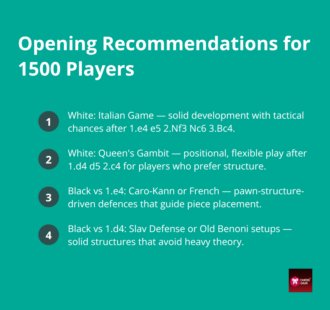 Compact list of recommended openings for 1500-rated players for White and Black. - mastering the chess openings