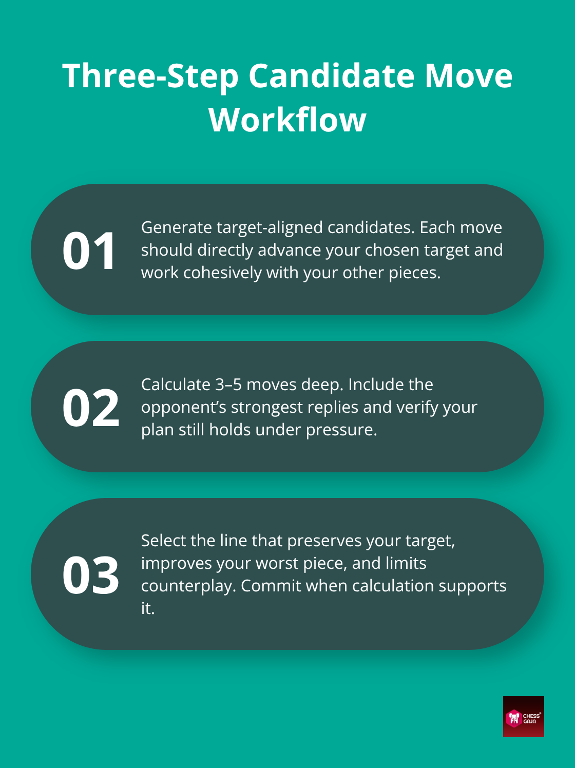 Stylised list explaining the three-step process for choosing candidate moves in chess - middlegame planning concepts