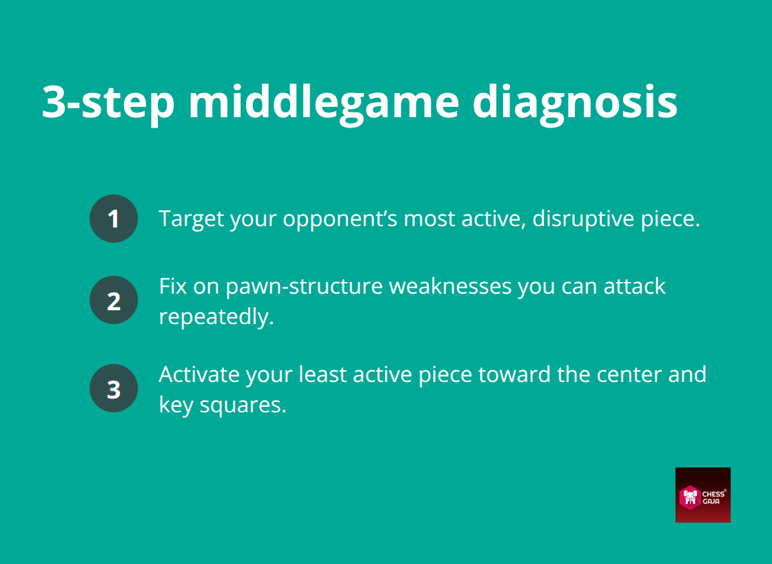 Compact list of three diagnostic steps to shape a middlegame plan for UAE club players