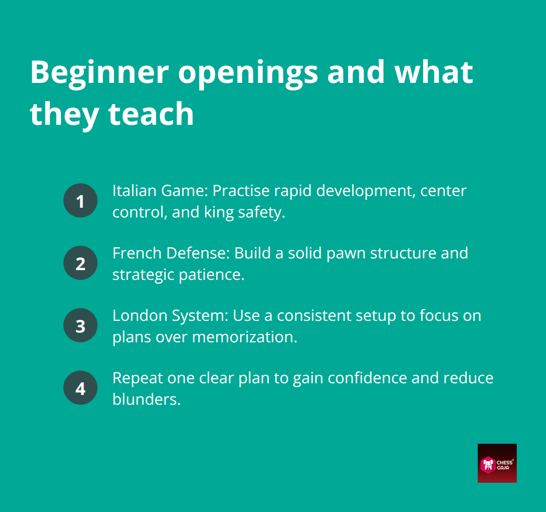 Compact list of beginner-friendly chess openings and their core lessons - most popular chess openings