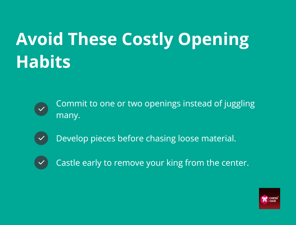Checkmark list of three common beginner opening mistakes to avoid - Opening ideas for beginners