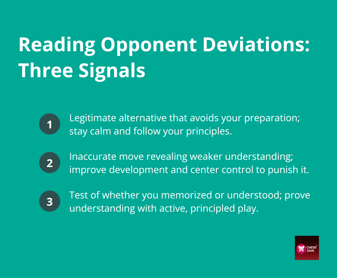 Compact list summarizing three common signals when an opponent deviates from opening theory. - opening ideas for juniors