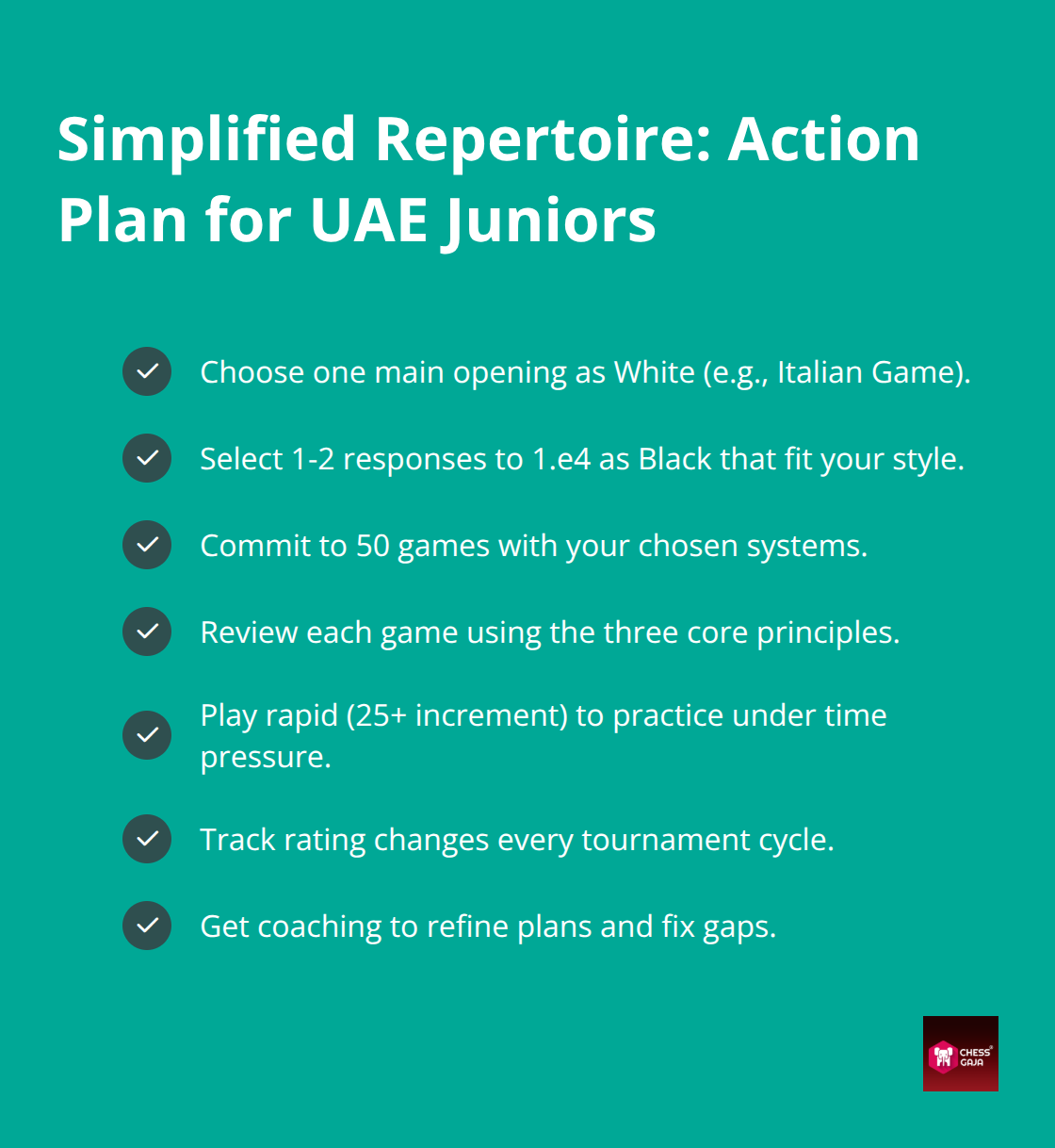 Checklist of practical steps to build and train a simplified opening repertoire for juniors.