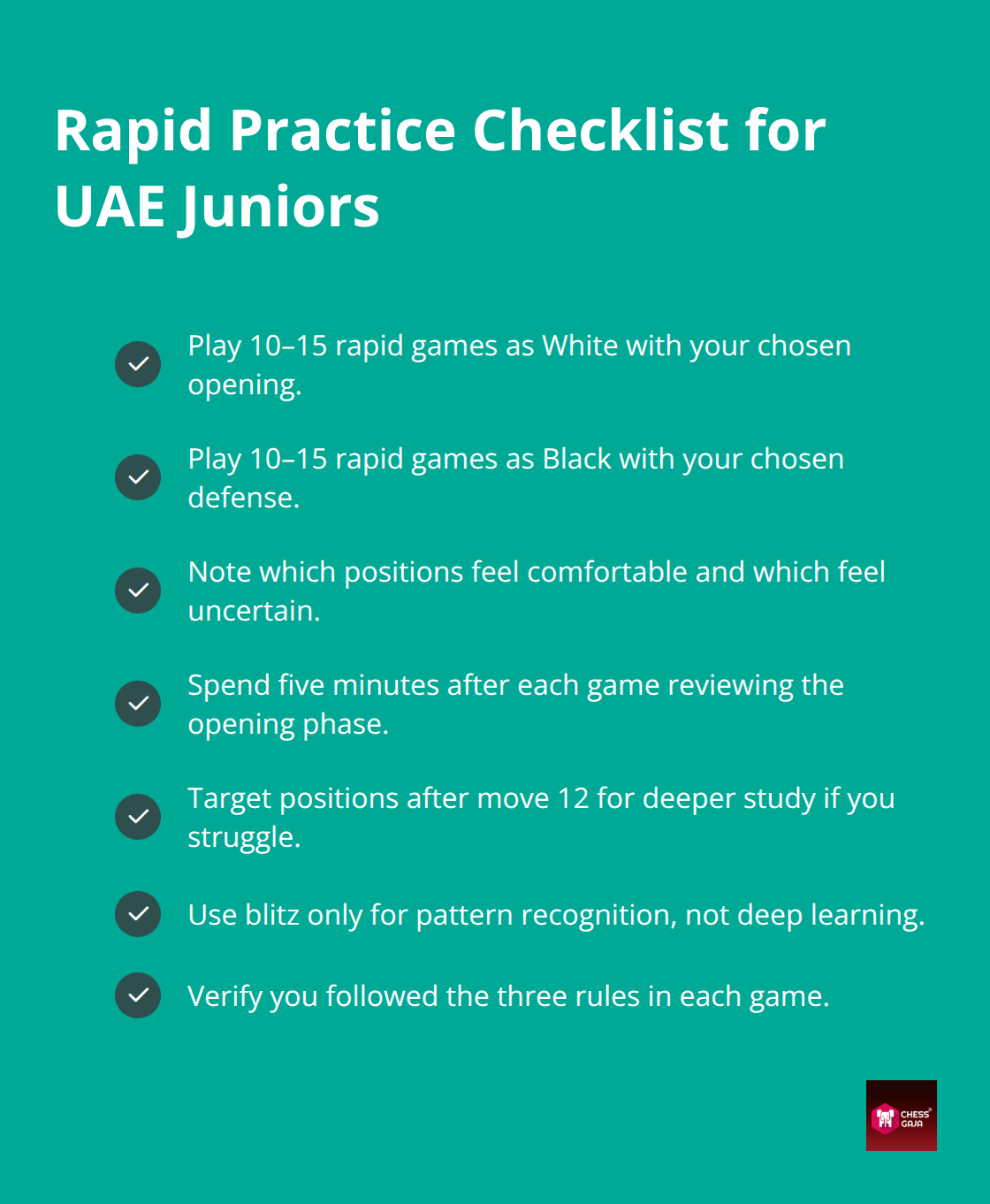 Checklist for structured rapid practice to test your openings before tournaments - opening ideas for juniors