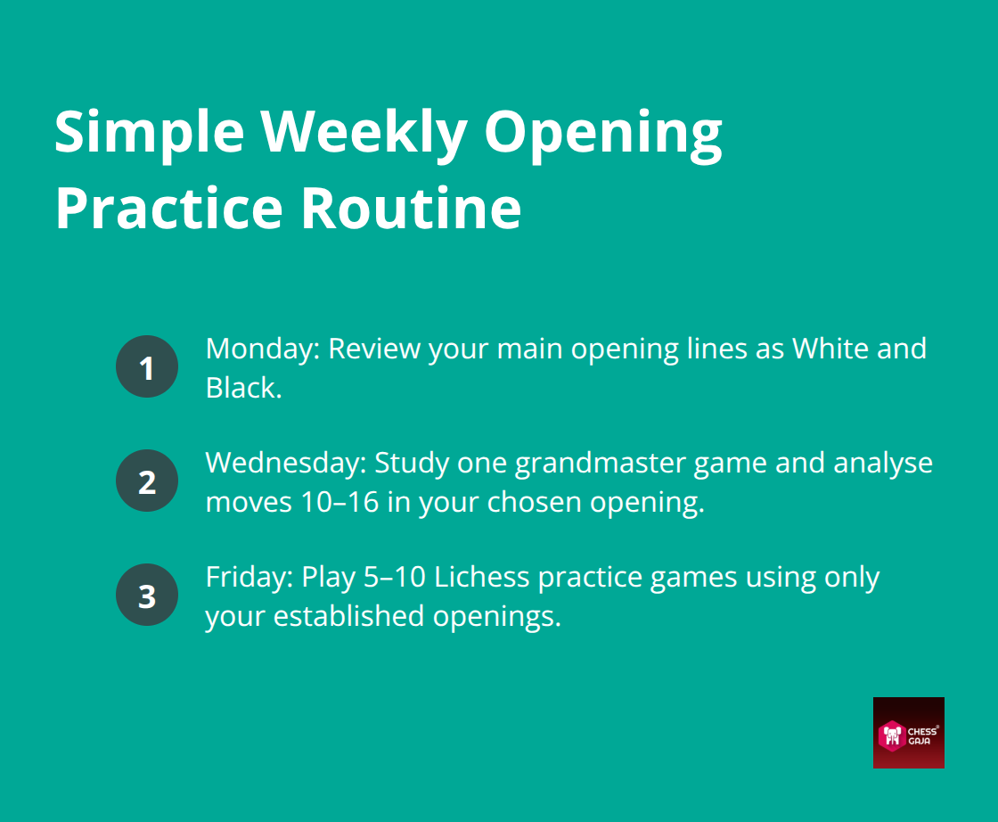 Three-step weekly practice plan: Monday review, Wednesday GM game analysis, Friday practice games. - Opening plan for tournaments