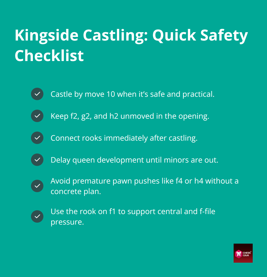 Checkmark list of best practices for safe kingside castling in chess openings
