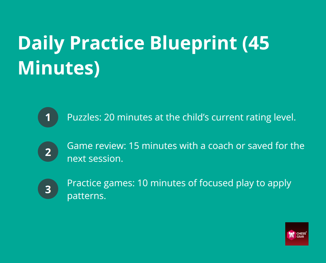 Three-step daily chess practice plan for children in the UAE: puzzles, game review, and practice games. - Parents guide child chess