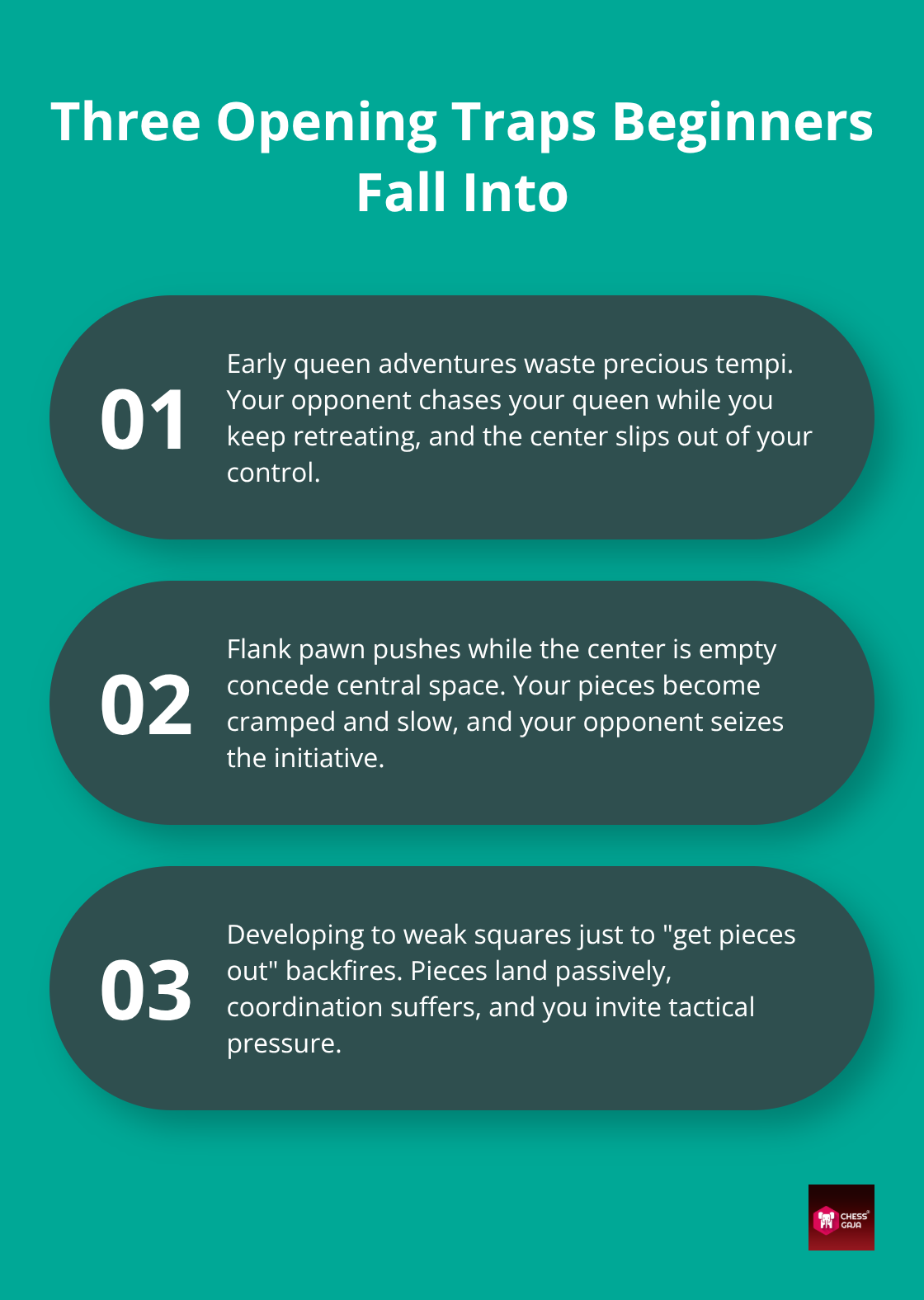 Three common beginner opening mistakes in chess and why they lose time and control.