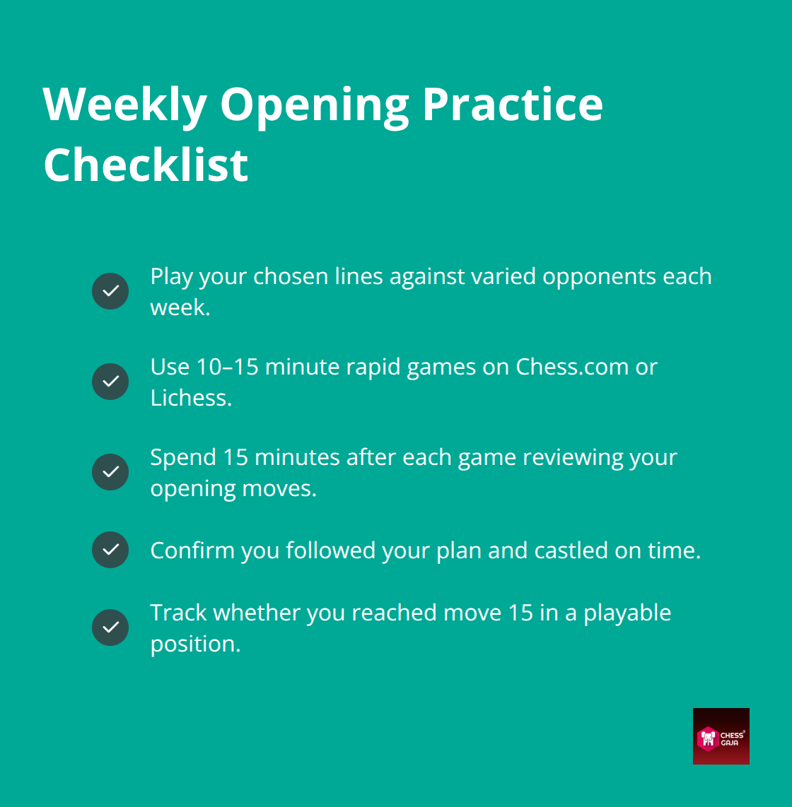 Checklist of weekly actions to practice and review your opening repertoire effectively. - principled opening play