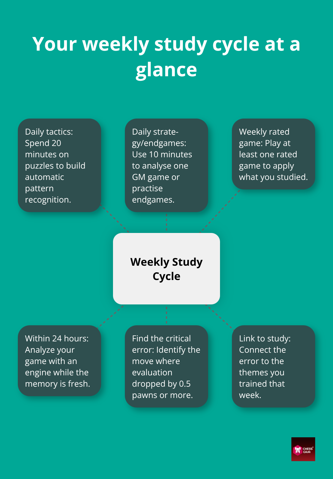 Hub-and-spoke diagram of the weekly chess study routine for adults
