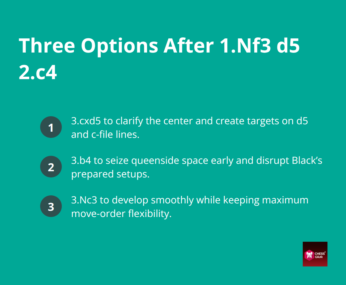 Compact list of Reti choices against 1...d5: 3.cxd5, 3.b4, or 3.Nc3.