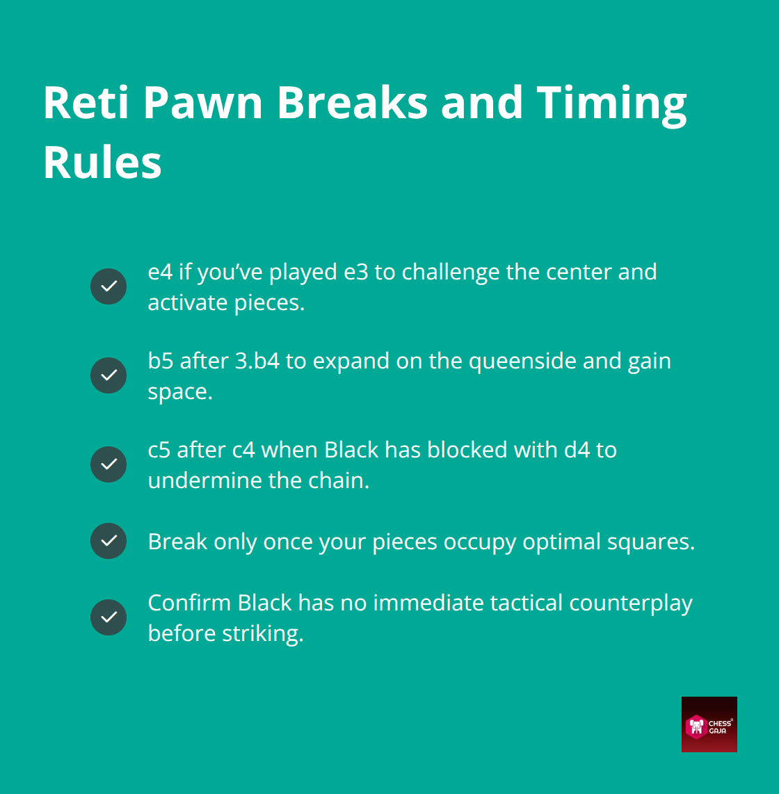 Checklist of key Reti pawn breaks and when to execute them. - reti opening ideas
