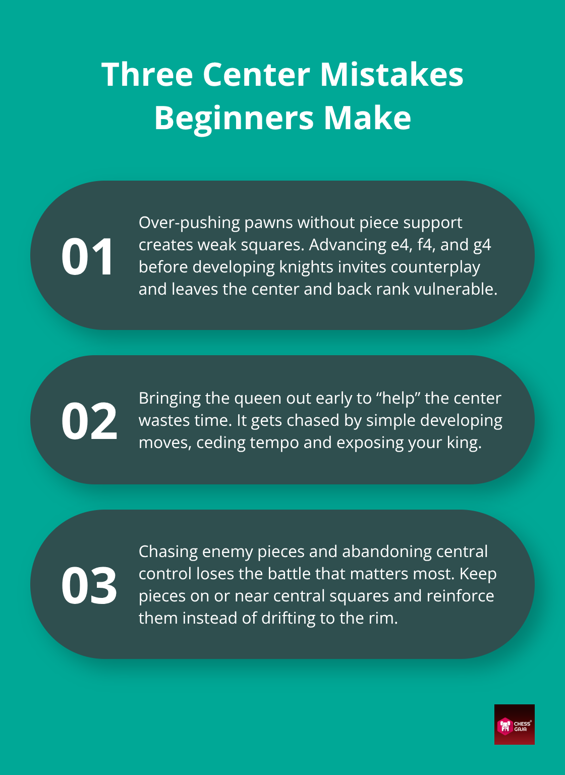 Three common center mistakes that cost beginner chess players games