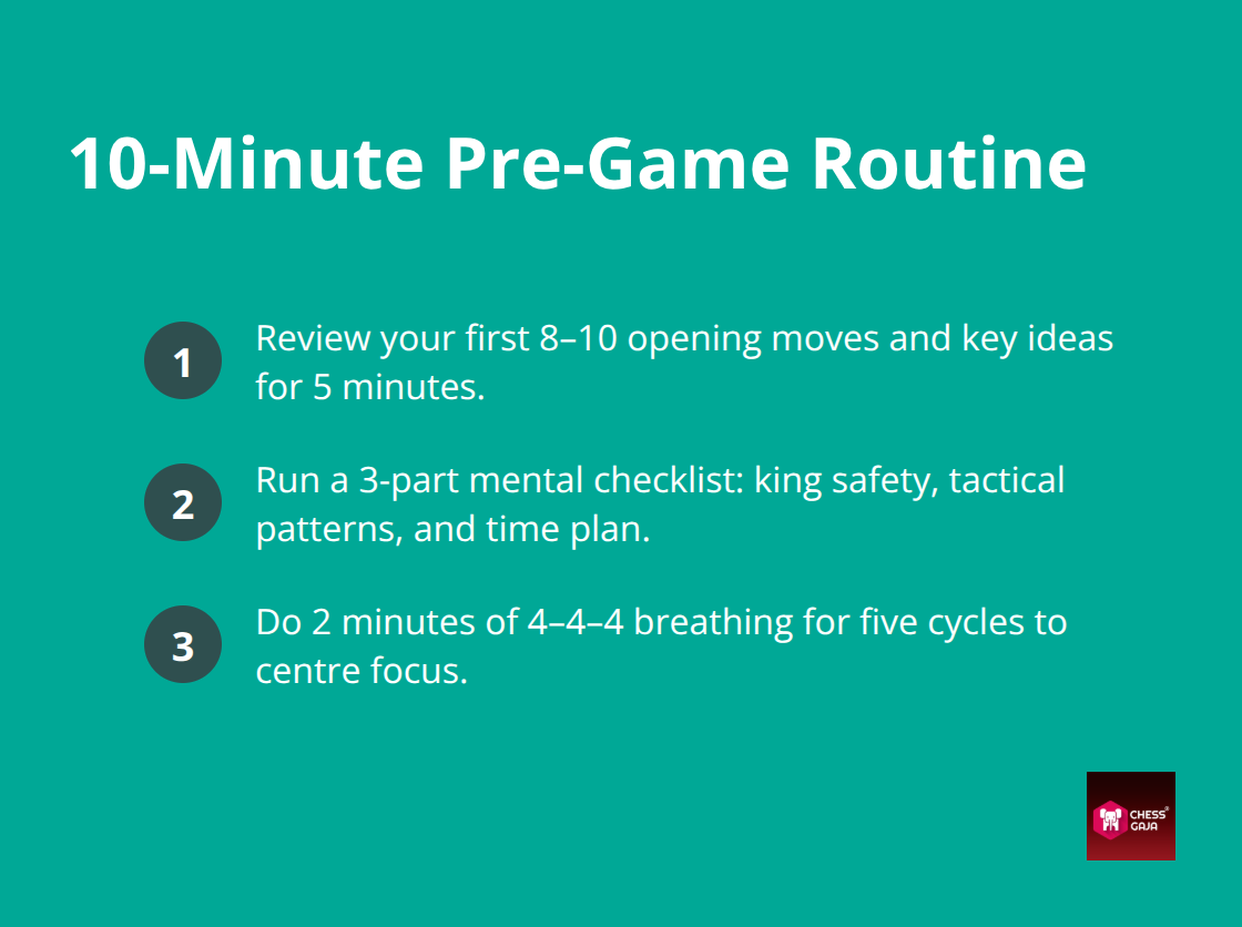 Three-step pre-game routine: review openings (5 min), mental checklist (3 questions), controlled breathing (2 min). - tournament prep steps