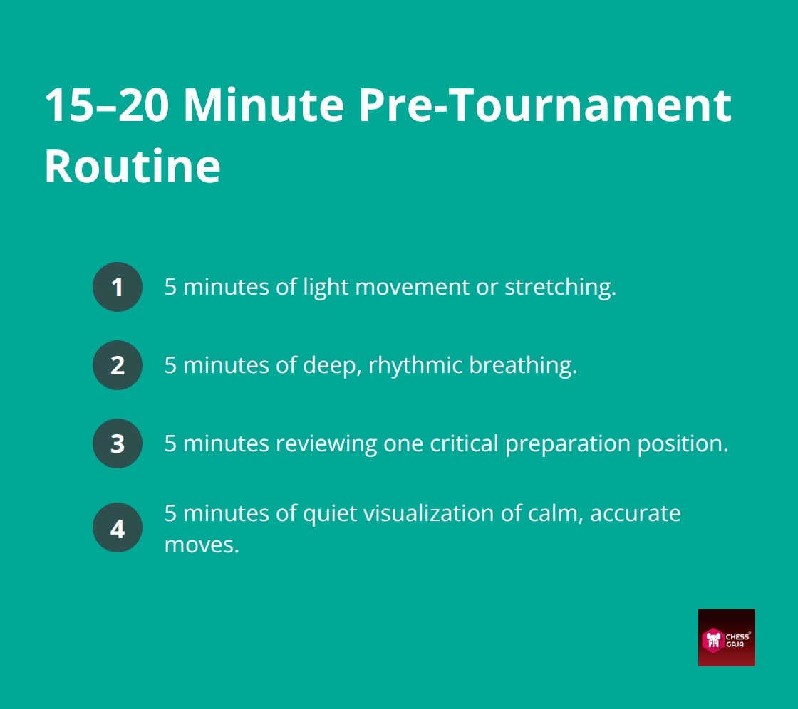 Four-step pre-tournament routine breaking 15–20 minutes into focused 5-minute blocks.